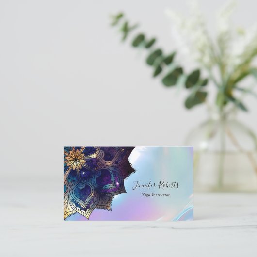 Boho Floral Blue Gold Mandala Chic Iridescent Visitekaartje (Staand voorkant)