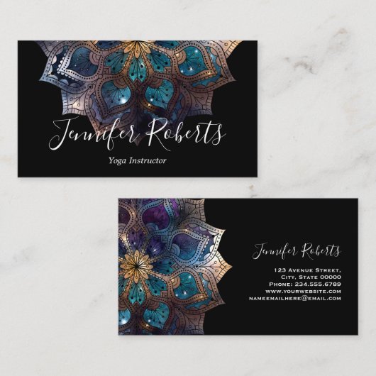 Boho Floral Blue Mandala Chic Black Visitekaartje (Voorkant / Achterkant)