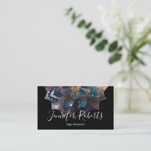Boho Floral Blue Mandala Chic Black Visitekaartje (Staand voorkant)