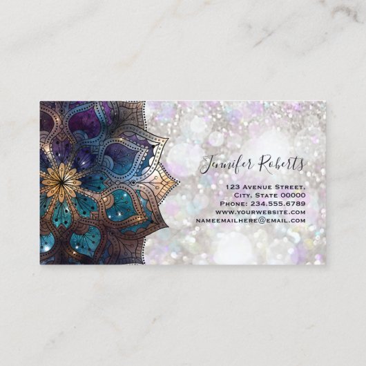 Boho Floral Blue Mandala Chic Glitter Visitekaartje (Achterkant)