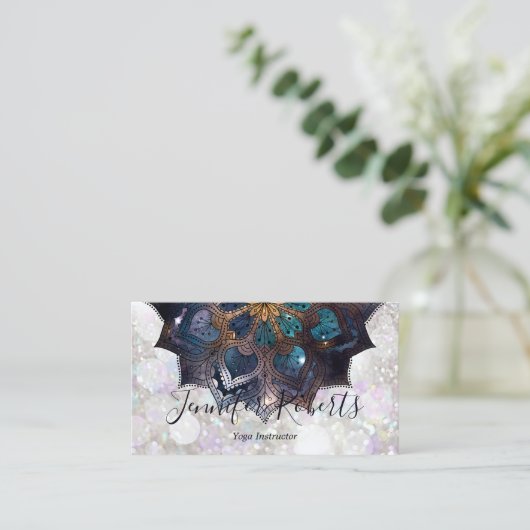 Boho Floral Blue Mandala Chic Glitter Visitekaartje (Staand voorkant)