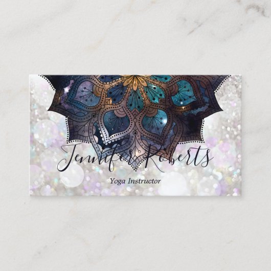 Boho Floral Blue Mandala Chic Glitter Visitekaartje (Voorkant)