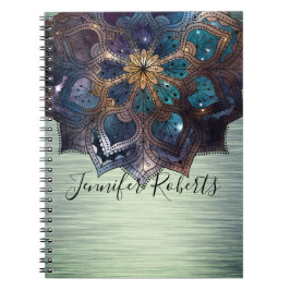 Boho Floral Blue Mandala Chic Green Metallic Notitieboek