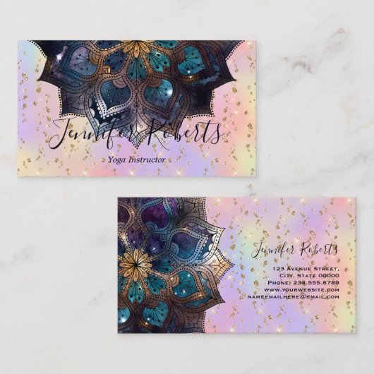 Boho Floral Blue Mandala Chic Pastel Glitter Visitekaartje (Voorkant / Achterkant)