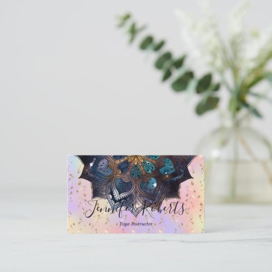 Boho Floral Blue Mandala Chic Pastel Glitter Visitekaartje (Staand voorkant)