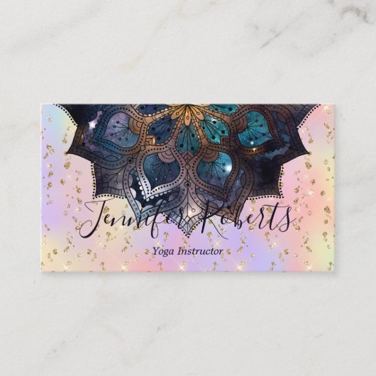 Boho Floral Blue Mandala Chic Pastel Glitter Visitekaartje (Voorkant)