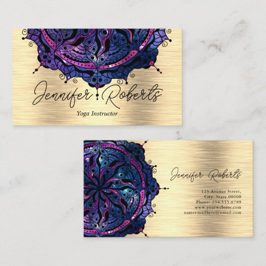 Boho Floral Blue Mandala Chic Yoga Instructor Gold Visitekaartje (Voorkant / Achterkant)