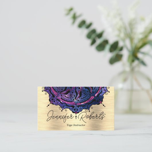 Boho Floral Blue Mandala Chic Yoga Instructor Gold Visitekaartje (Staand voorkant)