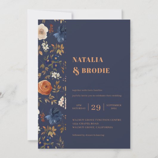 Boho Floral Blue Rust Wedding Kaart (Voorkant)