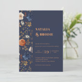 Boho Floral Blue Rust Wedding Kaart (Staand voorkant)