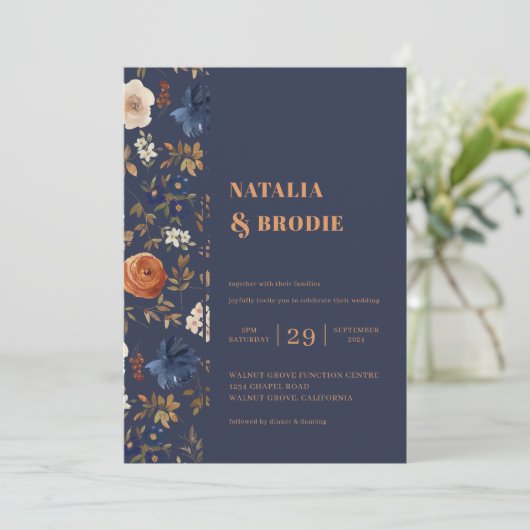Boho Floral Blue Rust Wedding Kaart (Staand voorkant)
