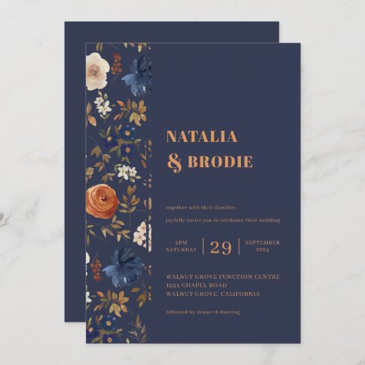 Boho Floral Blue Rust Wedding Kaart (Voorkant / Achterkant)