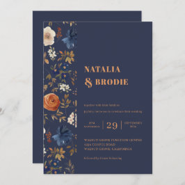Boho Floral Blue Rust Wedding Kaart