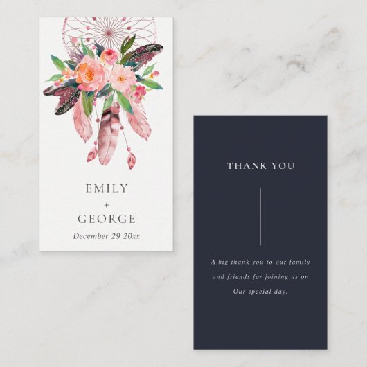 BOHO FLORAL BLUSH DREAM CATCHER WEDING DANK U VISITEKAARTJE (Voorkant / Achterkant)