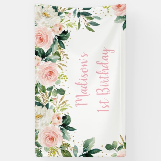 Boho Floral Blush Gold Birthday Spandoek (Verticaal)