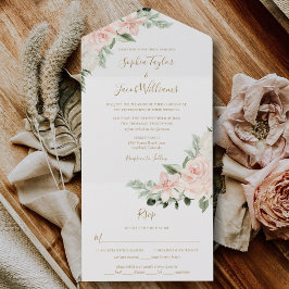 Boho Floral Blush Pink and Sage Green Wedding All In One Uitnodiging