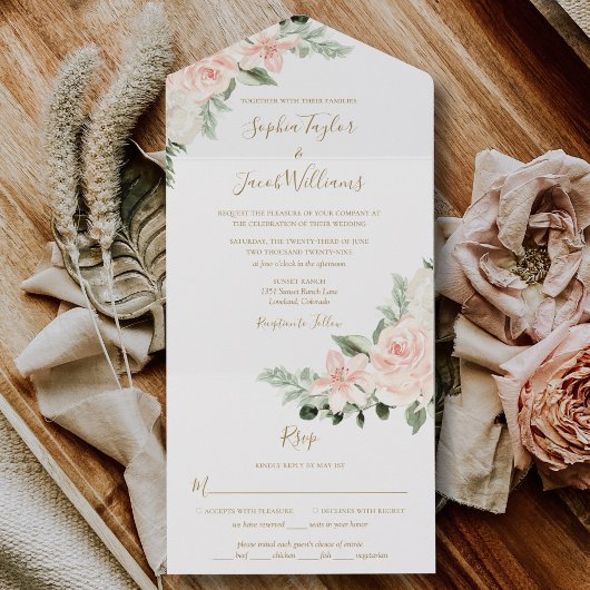 Boho Floral Blush Pink and Sage Green Wedding All In One Uitnodiging
