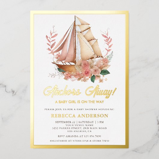 Boho Floral Boat Nautical Girl Baby shower Gold Folie Uitnodiging (Voorkant)