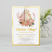 Boho Floral Boat Nautical Girl Baby shower Gold Folie Uitnodiging (Staand Voorkant)