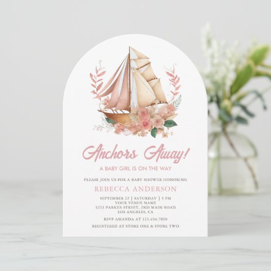 Boho Floral Boat Nautisch Meisje Boog Baby shower Kaart (Staand voorkant)