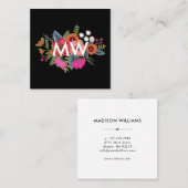 Boho Floral Boeket Zwart Achtergrond Monogram Vierkante Visitekaartje (Voorkant / Achterkant)