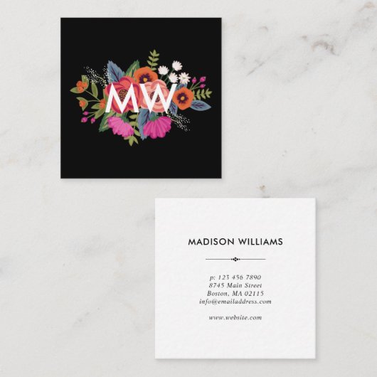 Boho Floral Boeket Zwart Achtergrond Monogram Vierkante Visitekaartje (Voorkant / Achterkant)