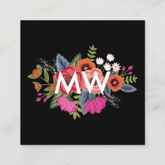 Boho Floral Boeket Zwart Achtergrond Monogram Vierkante Visitekaartje (Voorkant)