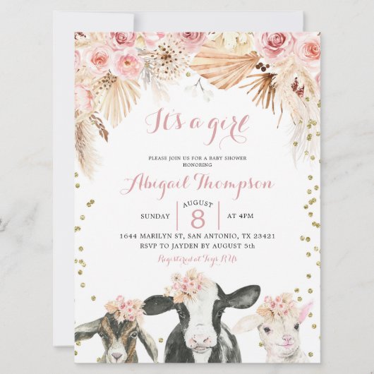 Boho floral boerderij girl baby shower uitnodiging (Voorkant)