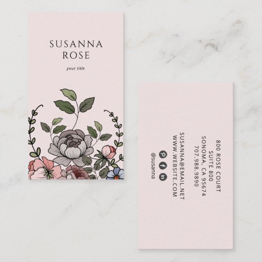 Boho Floral Botanical Professional Blush Pink Visitekaartje (Voorkant / Achterkant)