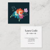 Boho Floral Bouquet Monogram Blauw Vierkante Visitekaartje (Voorkant / Achterkant)