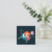 Boho Floral Bouquet Monogram Blauw Vierkante Visitekaartje (Staand voorkant)