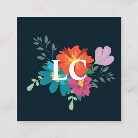 Boho Floral Bouquet Monogram Blauw Vierkante Visitekaartje (Voorkant)
