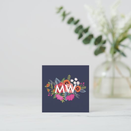 Boho Floral Bouquet - Navy Blue - Monogram Vierkante Visitekaartje (Staand voorkant)