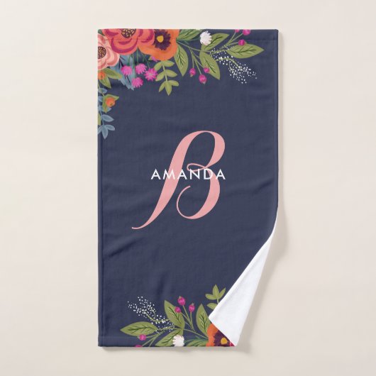 Boho Floral Bouquet - Navy Blue & Pink Monogram Bad Handdoek (Handdoek)