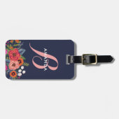 Boho Floral Bouquet - Navy Blue & Pink Monogram Bagagelabel (Voorkant horizontaal)