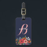 Boho Floral Bouquet - Navy Blue & Pink Monogram Bagagelabel<br><div class="desc">Monogrammed bagagelabel in marjoblauw met uw monogram in roze en wit op een florale opstelling van rozen,  pansies en zeeduivels in roze,  oranje,  rood en wit.</div>