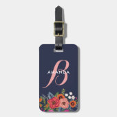 Boho Floral Bouquet - Navy Blue & Pink Monogram Bagagelabel (Voorkant verticaal)