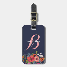 Boho Floral Bouquet - Navy Blue & Pink Monogram Bagagelabel