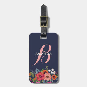 Boho Floral Bouquet - Navy Blue & Pink Monogram Bagagelabel