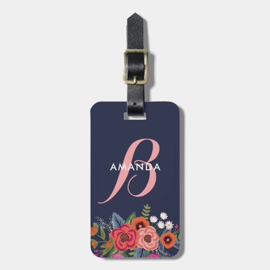 Boho Floral Bouquet - Navy Blue & Pink Monogram Bagagelabel (Voorkant verticaal)