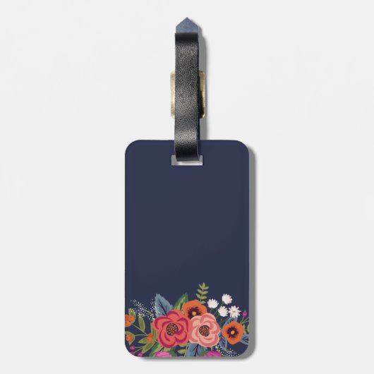 Boho Floral Bouquet - Navy Blue & Pink Monogram Bagagelabel (Achterkant verticaal)