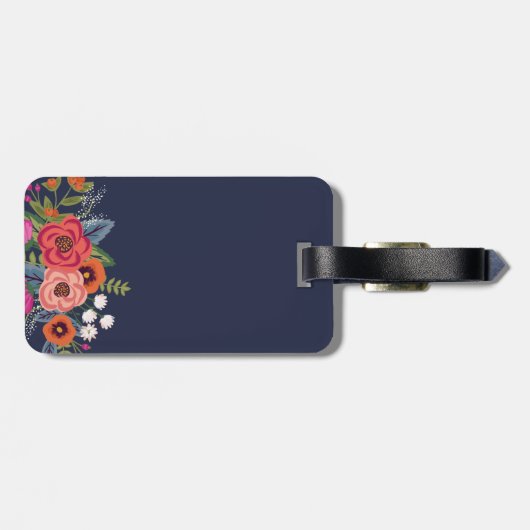 Boho Floral Bouquet - Navy Blue & Pink Monogram Bagagelabel (Achterkant horizontaal)