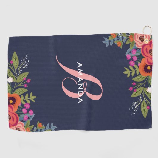 Boho Floral Bouquets - Navy Blue & Pink Monogram Golfhanddoek (Horizontaal)
