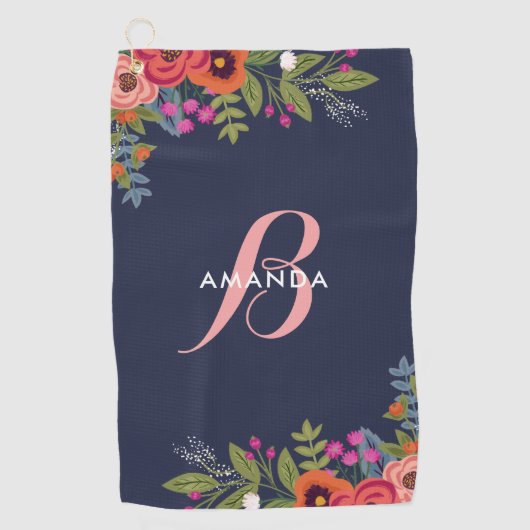 Boho Floral Bouquets - Navy Blue & Pink Monogram Golfhanddoek (Voorkant)