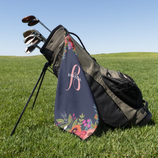 Boho Floral Bouquets - Navy Blue & Pink Monogram Golfhanddoek (Groen)