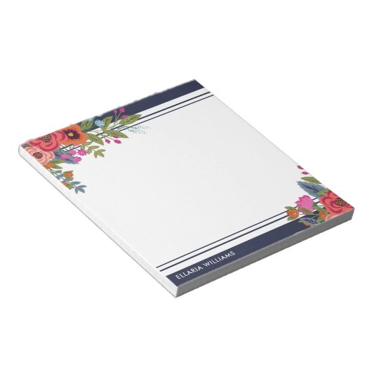 Boho Floral Bouquets - Navy Blue & White - naam Notitieblok (Schuin)