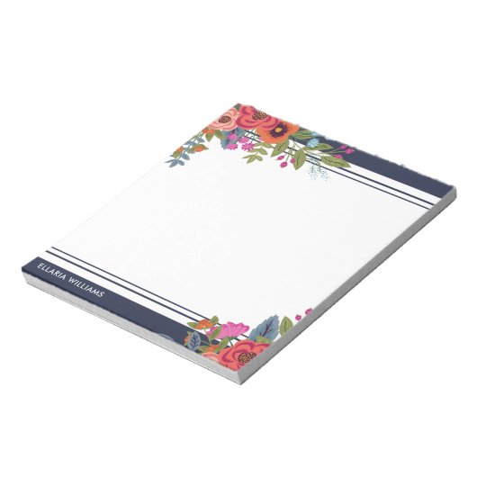 Boho Floral Bouquets - Navy Blue & White - naam Notitieblok (Linkerzijde)