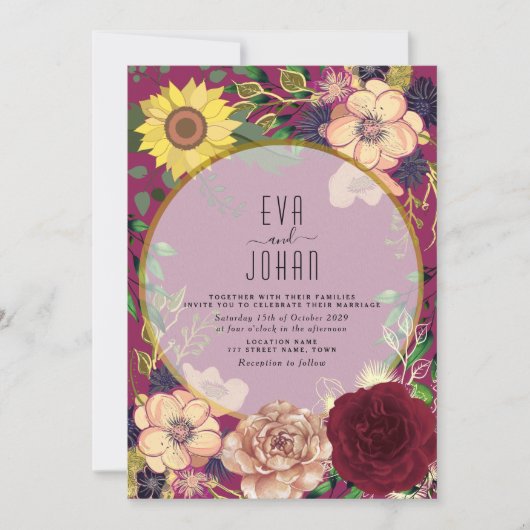 Boho Floral Bourgondië Roze bruiloft Uitnodigen Kaart (Voorkant)