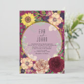 Boho Floral Bourgondië Roze bruiloft Uitnodigen Kaart (Staand voorkant)