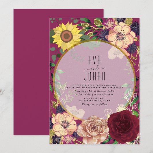 Boho Floral Bourgondië Roze bruiloft Uitnodigen Kaart (Voorkant / Achterkant)